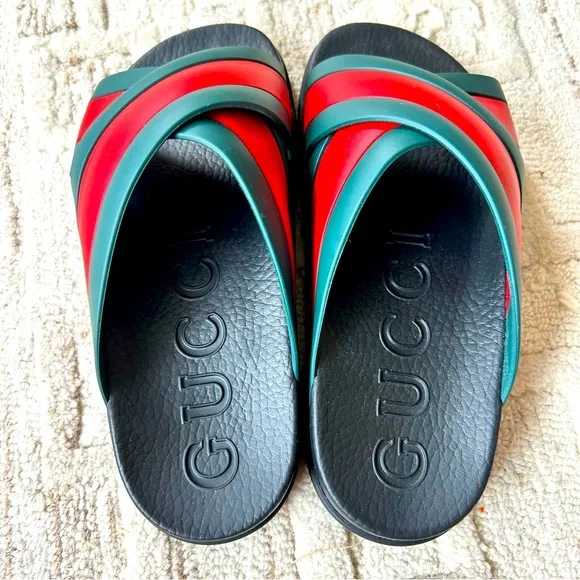 NIB Authentic Gucci Rubber Web Cross Front Slide Sandals  display picture 1